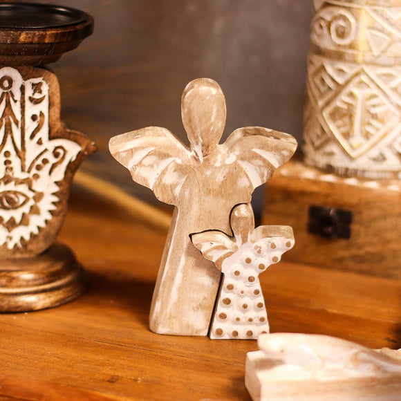 Mango Wood Angel in Angel - Whitewash
