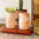 Set of 2 Himalayan Salt Shot Glasses and Wood Serving Stand