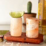 Set of 2 Himalayan Salt Shot Glasses and Wood Serving Stand