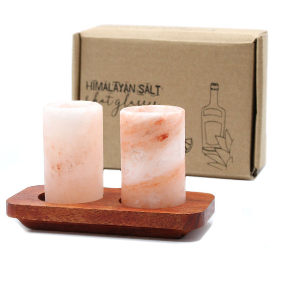Set of 2 Himalayan Salt Shot Glasses and Wood Serving Stand